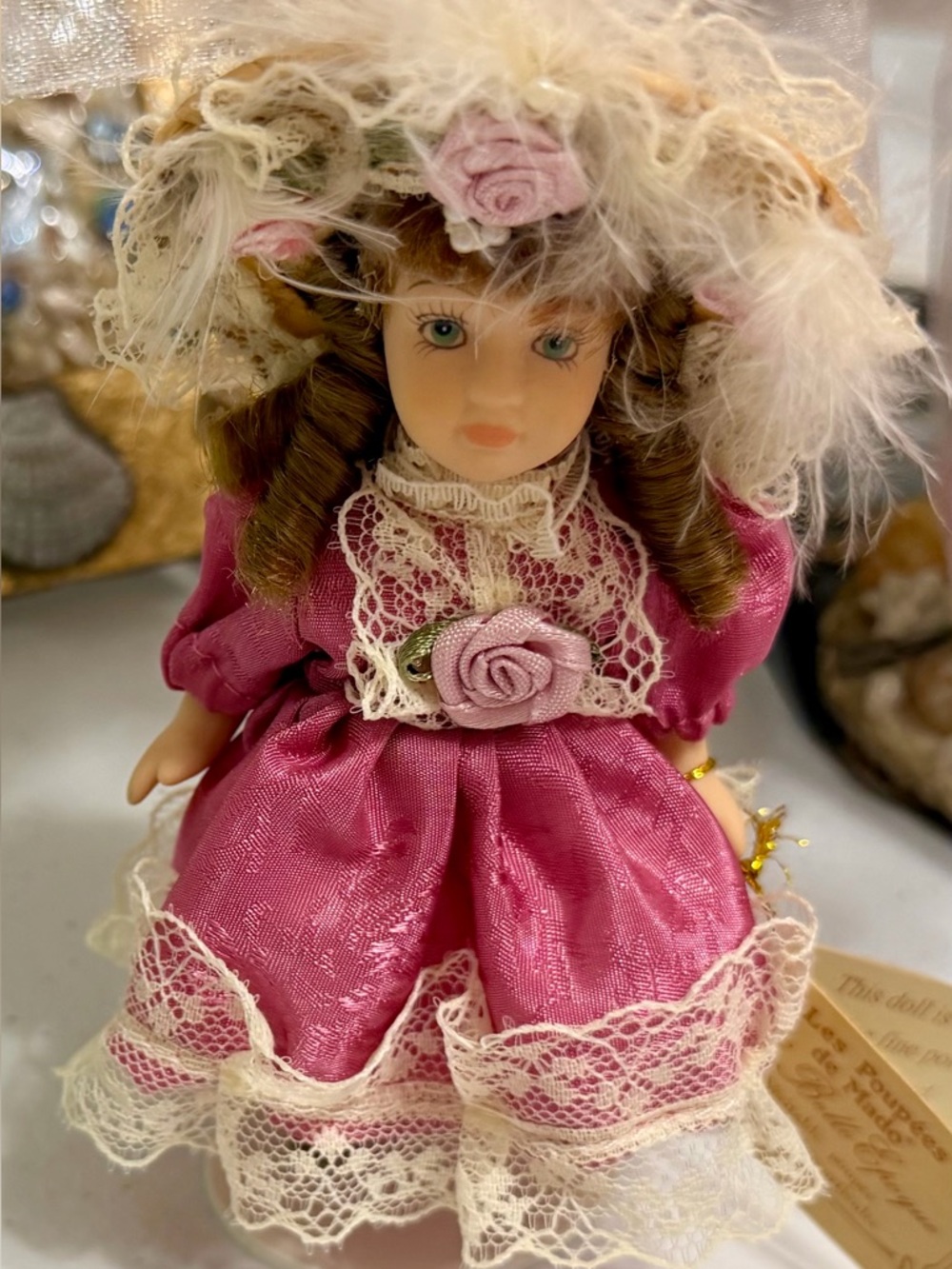 Pink Porcelain Collectible Doll with Lace Dress from France